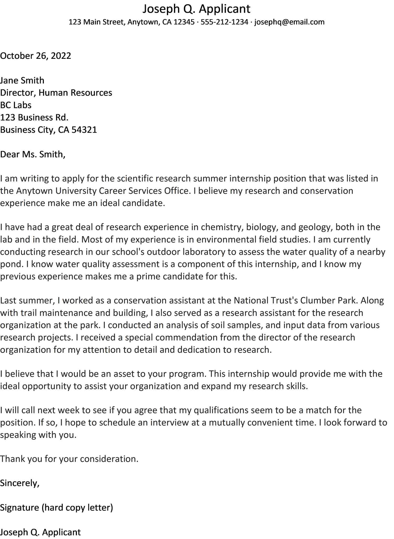 cover letter for chemistry internship